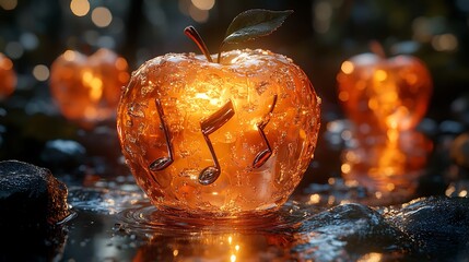 Wall Mural - A glowing, frozen apple with music notes inside sits on a bed of rocks in a forest.