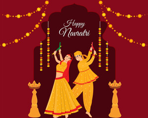 happy Navratri couple playing dandiya in garba night navratri dussehra festival of india