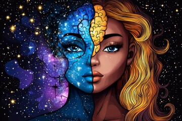 Poster - Intellectual capacity Cognitive sharpness Vibrant cosmic split faced portrait of a woman with stars and galaxies symbolizing the duality of thought and the vastness of human imagination