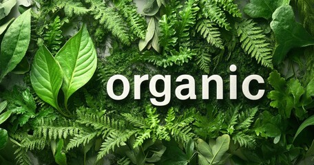 The design showcases the word organic integrated with various shades of green leaves and ferns