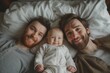 © ArtCraft - Happy gay couple with baby lying on bed. Loving family bonding time. Ideal for LGBTQ+ family themes, parenting, and modern family concepts in advertising and editorial