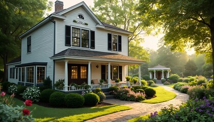 A white house with a front porch, surrounded by lush green gardens and blooming flowers, illuminated by soft morning sunlight.
