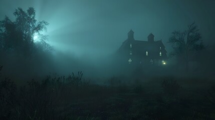 Wall Mural - Sinister Moor with Ominous Mansion Shrouded in Eerie Fog and Glowing Light