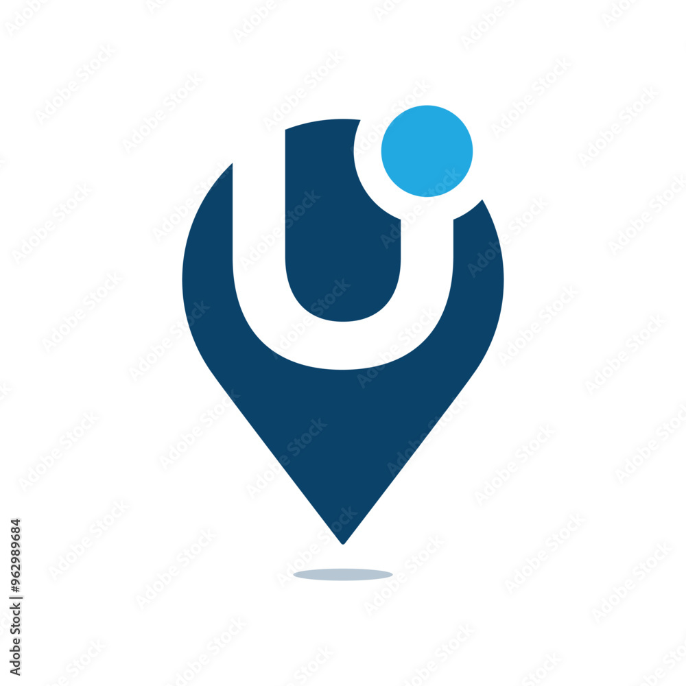 This is a simple logo design that depicts a drop pin icon in blue with ...