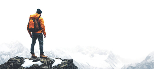mountain climber with backpack viewing snow-covered peaks, cut out