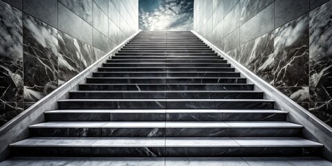 Majestic black and white marble stairs unfold, their sweeping curves and precise geometry drawing the eye upward to