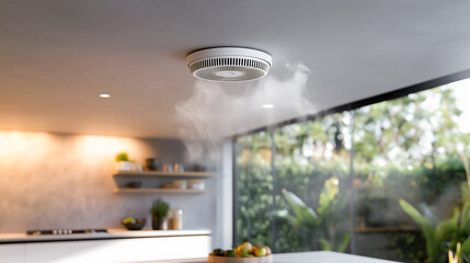 Smoke detector on ceiling in modern house .