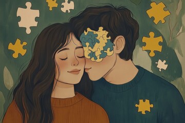 Poster - Cognitive force Neuronal dynamics Cartoon style image of a couple with missing puzzle pieces from their heads symbolizing emotional connection problem solving and intellectual bond