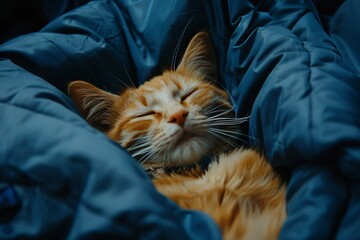 A close-up portrait of an adorable orange and white kitten sleeping soundly in a soft blue blanket.