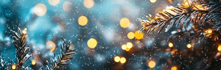 Poster - Winter landscape with snow and golden bokeh lights - Banner, panorama