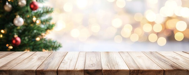 Fototapete - With abstract warm living room decor, christmas tree string lights blurred background with snow, holiday backdrop, and mock up banner for displaying your products.