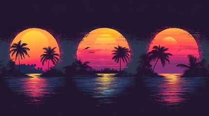 an illustration of a sunset with palm trees and mountains