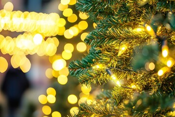 Fototapete - Green yellow golden bokeh light on a Christmas tree, defocused blurred holiday background