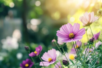 Poster - A close-up macro image of two pink cosmos flowers demonstrating details and textures