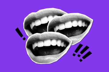 Halftone collage banner, smiling laughing mouths and exclamation marks on purple background. Newspaper cutout paper elements, statement, dialogue.