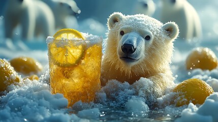 Wall Mural - a polar bear with a glass of lemonade and lemons, surrounded by other polar bears, sits on a snowy g