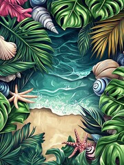 Wall Mural - Tropical beach party poster flier background template design with coconut trees, flowers, tropical leaves, and sunlight rays new beautiful stock image illustration AI