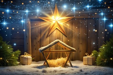 Christmas nativity scene with starry sky background and snow wooden manger and gifts