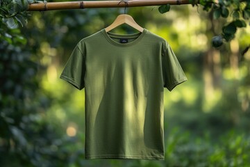 Wall Mural - Green t-shirt hanging in a natural outdoor setting.