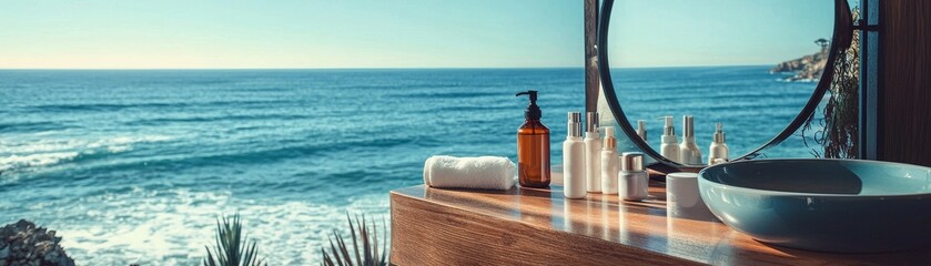 Wall Mural - Coastal Summer Hair Care Essentials on Wooden Vanity with Ocean View. Empty Space for Text.