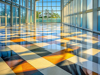 Pattern of interlocking triangles forming a mosaic on the floor of a modern architectural space, reflections on the polished surface