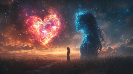 Sticker - A woman stands in a field, gazing at a giant heart-shaped flame in the sky, with a woman-shaped figure of blue light standing beside it.