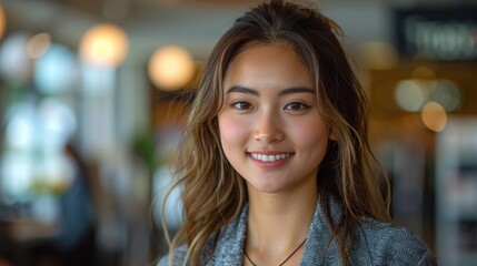 Wall Mural - A woman with long brown hair and a gray jacket is smiling