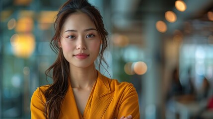 Wall Mural - A woman in a yellow jacket is smiling and looking at the camera