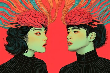 Neuronal capacity Neural performance Vibrant portrait of two individuals with exposed brains in a surreal setting symbolizing intellectual connection creative expression and cognitive contrast