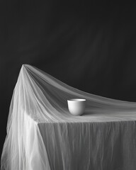 Black and white photograph of a table with a cup on it, a veil draped over the table, minimalistic photography, dark background, soft lighting.