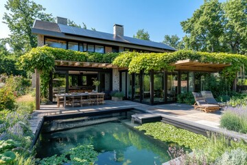 Modern house with lush greenery and poolside seating.