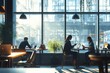 © ardanz - Bright café with people working on laptops and tablets.