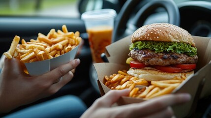 A side-by-side comparison of a fitness-conscious individual preparing a meal versus someone eating fast food in their car