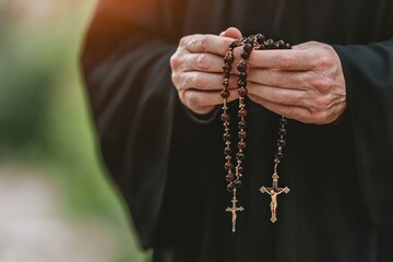 Close up of a priest holding rosary