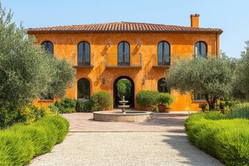 Elegant villa with olive trees and fountain in garden.