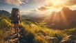 © Thirawat - A person with a large backpack hiking along a rugged trail, with breathtaking views of a distant valley and sunlit sky.