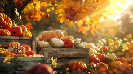 Poster - A picturesque autumn harvest scene with a bountiful selection of pumpkins, apples, and squash arranged on rustic wooden crates