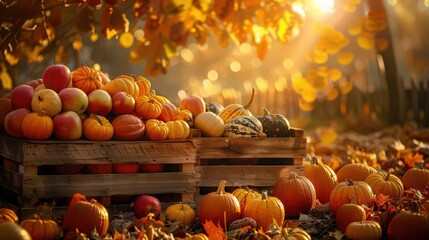 Poster - A picturesque autumn harvest scene with a bountiful selection of pumpkins, apples, and squash arranged on rustic wooden crates