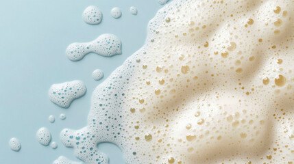 Close-up illustration of beige soap bubbles forming a foamy texture on a blue background. Skin care cosmetic product