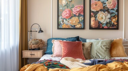 Bedroom interior with floral poster above cabinet and colorful pillows on bed. Authentic image