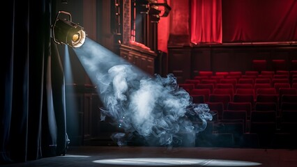 Vintage theatre spot light on black curtain with smoke