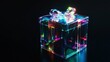 © flashmovie - Transparent glass gift box with neon lighting, symbolizing futuristic celebration and luxury