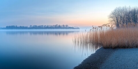 Poster - Calm lake with reeds and trees at dawn.