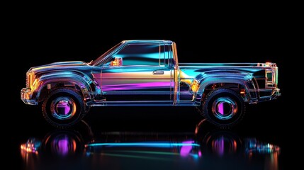 Transparent truck model illuminated with neon reflections on a dark background