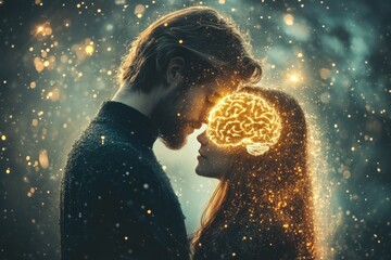 Poster - Neural aptitude Group cohesion Romantic surreal image of a man and woman facing each other with glowing brains representing deep mental and emotional connection