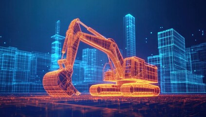 Digital Excavator in a Wireframe City