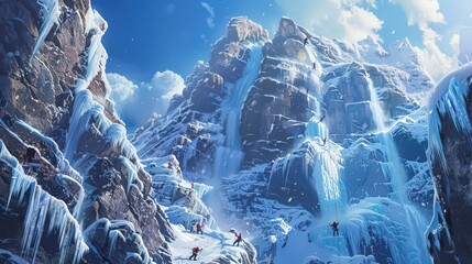 Poster - A picturesque winter sports scene with ice climbers scaling a frozen waterfall, framed by snowy mountains and a clear, crisp winter sky.