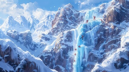 Poster - A picturesque winter sports scene with ice climbers scaling a frozen waterfall, framed by snowy mountains and a clear, crisp winter sky.