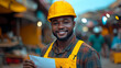 © Mr. B - Confident Worker in Industrial Setting: Portrait of a Smiling African-American Man Wearing a Hard Hat and Apron, Symbolizing Industry and Professionalism