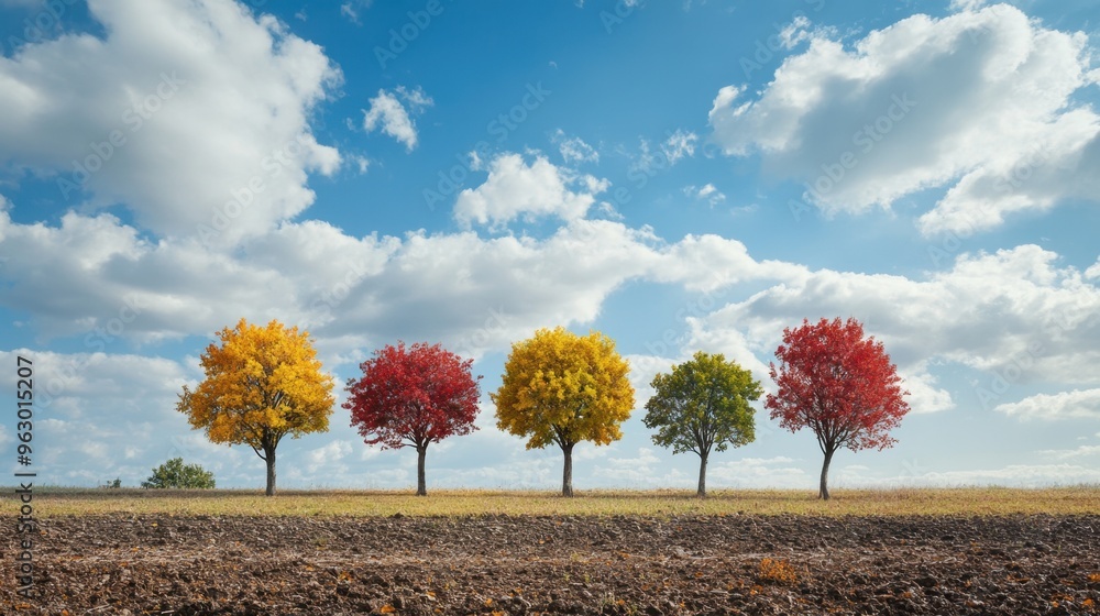 Four trees in various seasonal stages of growth, set against a vast sky ...